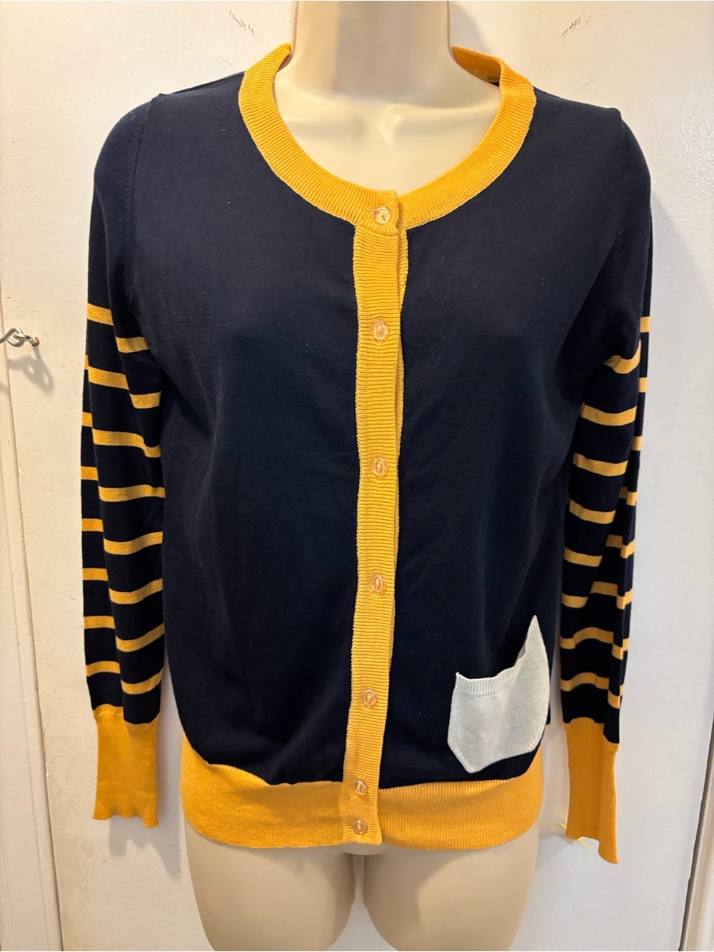 Jennifer T Knit Couture Medium Cardigan Navy Gold Cotton Silk NWT 26-458